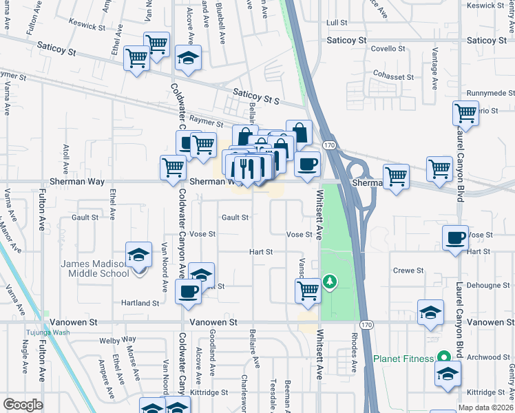map of restaurants, bars, coffee shops, grocery stores, and more near 7120 Bellaire Avenue in Los Angeles