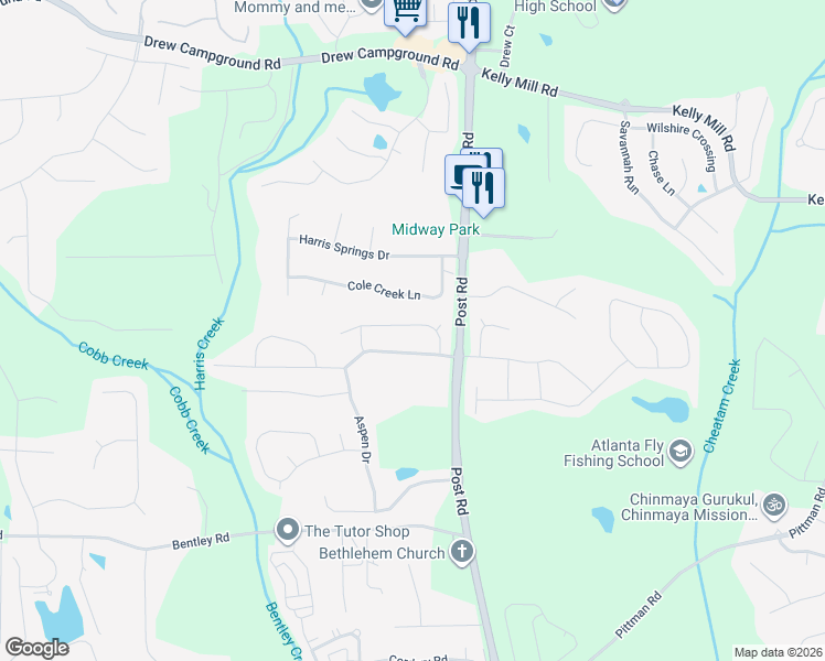 map of restaurants, bars, coffee shops, grocery stores, and more near 5445 Lilac Pass in Cumming