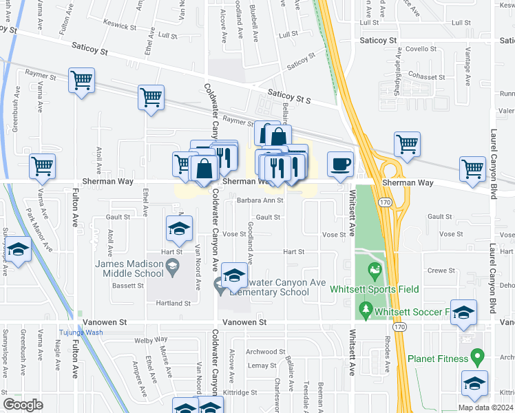 map of restaurants, bars, coffee shops, grocery stores, and more near 12750 Barbara Ann Street in Los Angeles