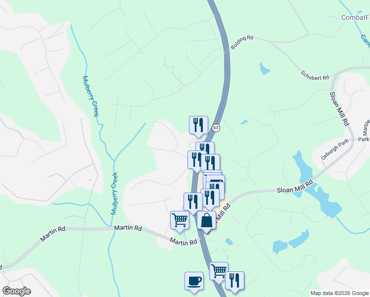 map of restaurants, bars, coffee shops, grocery stores, and more near 4139 Walnut Circle in Flowery Branch