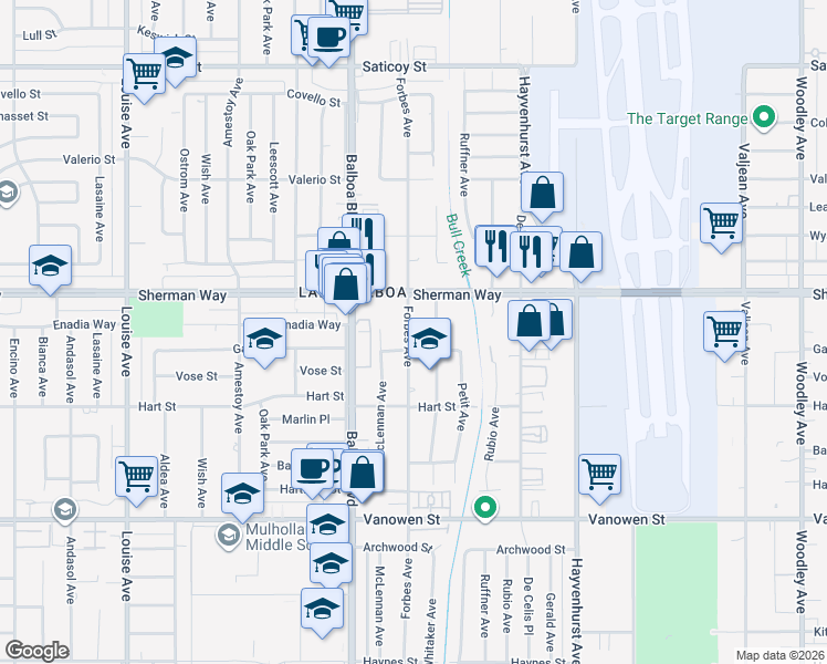 map of restaurants, bars, coffee shops, grocery stores, and more near 7120 Forbes Avenue in Los Angeles