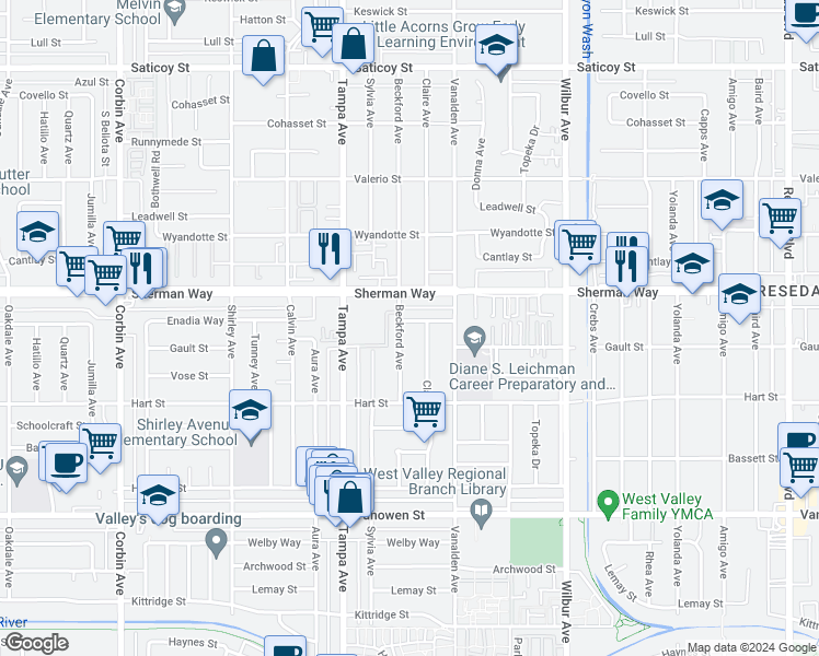 map of restaurants, bars, coffee shops, grocery stores, and more near 19148 Enadia Way in Los Angeles