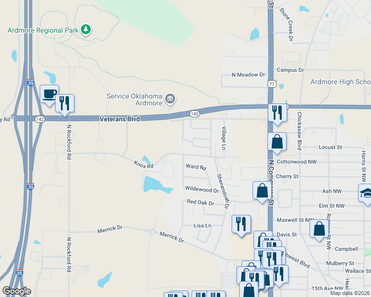 map of restaurants, bars, coffee shops, grocery stores, and more near 2206 Cimmaron Drive in Ardmore