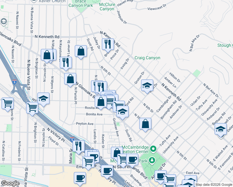 map of restaurants, bars, coffee shops, grocery stores, and more near 508 Hampton Road in Burbank
