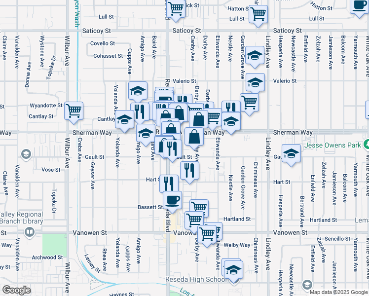 map of restaurants, bars, coffee shops, grocery stores, and more near 7120 Canby Avenue in Los Angeles