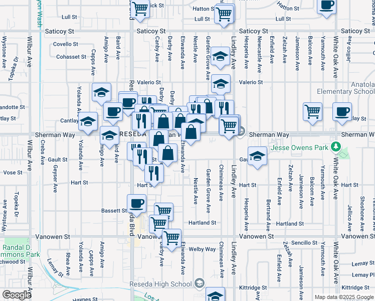 map of restaurants, bars, coffee shops, grocery stores, and more near 7124 Etiwanda Avenue in Los Angeles