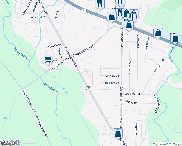 map of restaurants, bars, coffee shops, grocery stores, and more near 30 Grove Circle in Cartersville