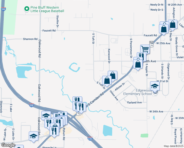 map of restaurants, bars, coffee shops, grocery stores, and more near 2904 South Taft Street in Pine Bluff