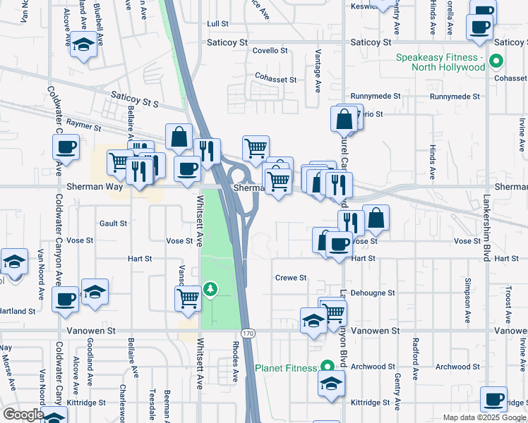 map of restaurants, bars, coffee shops, grocery stores, and more near 12300 Sherman Way in North Hollywood