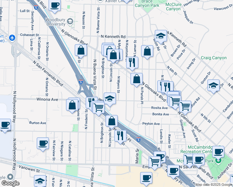 map of restaurants, bars, coffee shops, grocery stores, and more near 2421 North Myers Street in Burbank