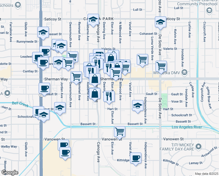 map of restaurants, bars, coffee shops, grocery stores, and more near 7121 Eton Avenue in Los Angeles