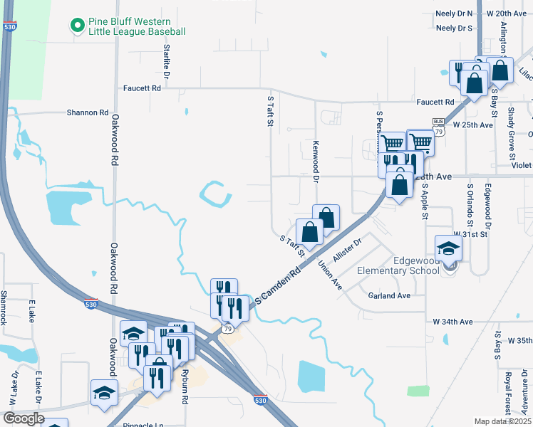 map of restaurants, bars, coffee shops, grocery stores, and more near 2904 South Taft Street in Pine Bluff