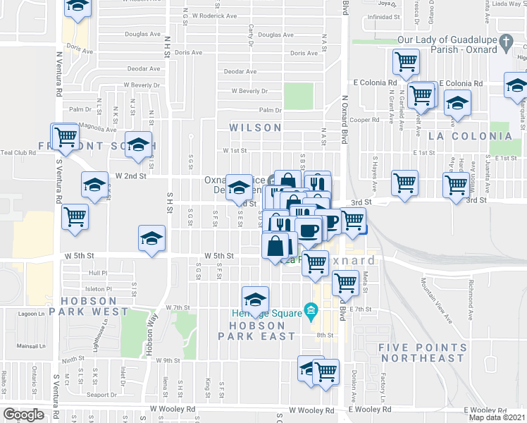 map of restaurants, bars, coffee shops, grocery stores, and more near 318 South D Street in Oxnard