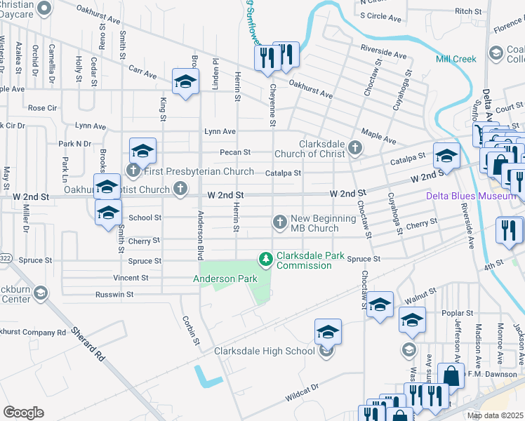 map of restaurants, bars, coffee shops, grocery stores, and more near 611 School Street in Clarksdale