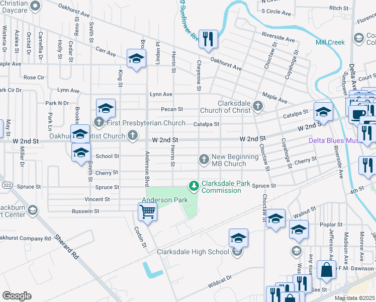 map of restaurants, bars, coffee shops, grocery stores, and more near 611 School St in Clarksdale