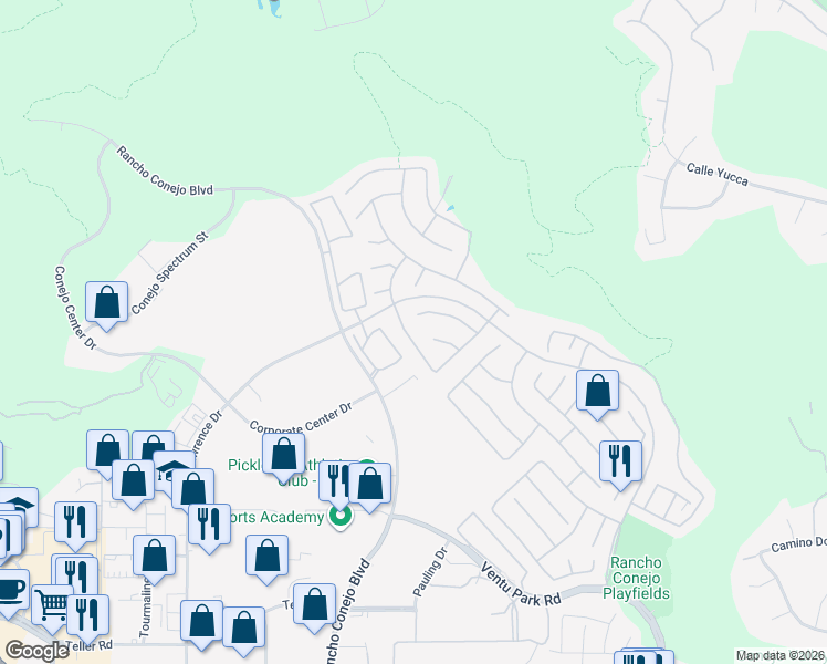 map of restaurants, bars, coffee shops, grocery stores, and more near 1385 Sapphire Dragon Street in Thousand Oaks