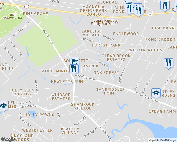 map of restaurants, bars, coffee shops, grocery stores, and more near 5899 Masters Lane in Wilmington