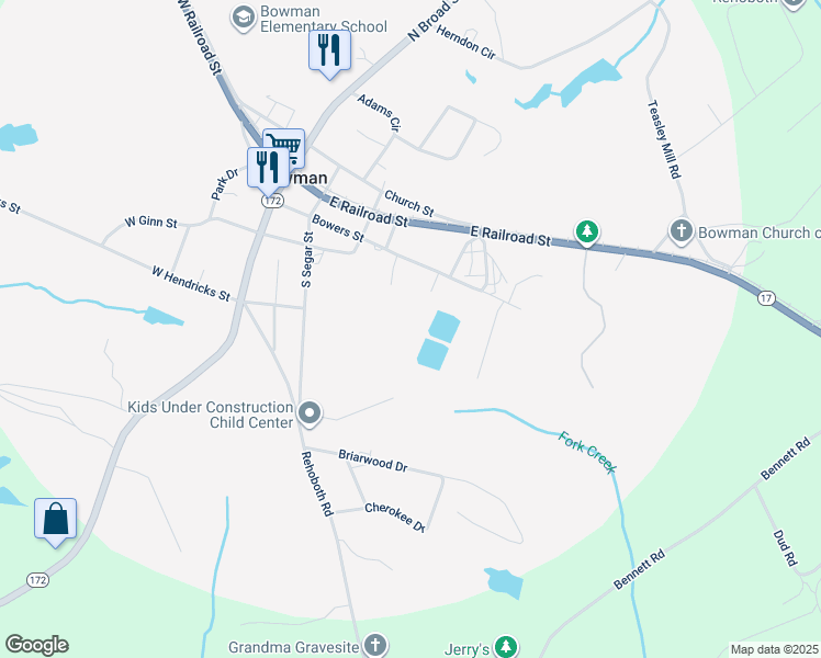 map of restaurants, bars, coffee shops, grocery stores, and more near 135 Lavender Drive in Bowman