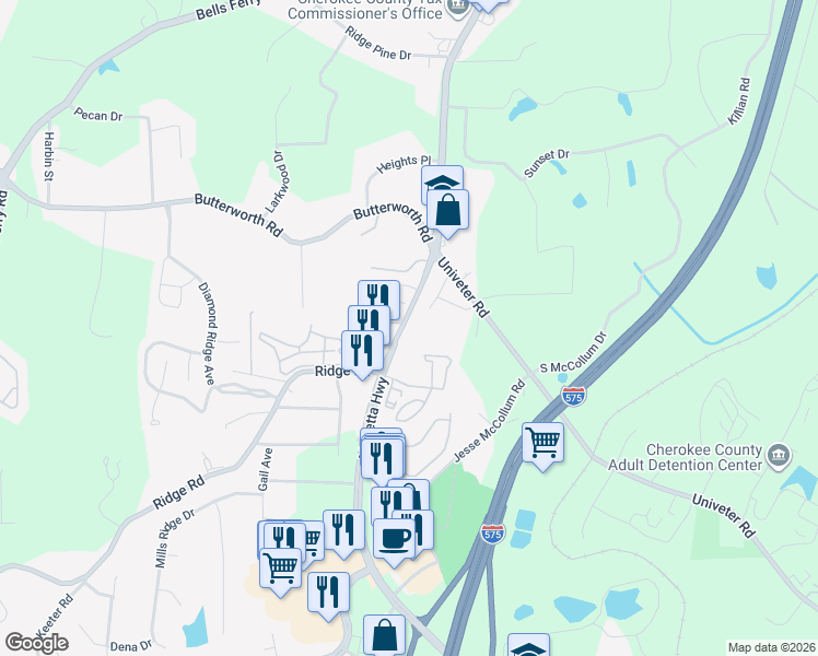map of restaurants, bars, coffee shops, grocery stores, and more near 3477 Marietta Highway in Canton