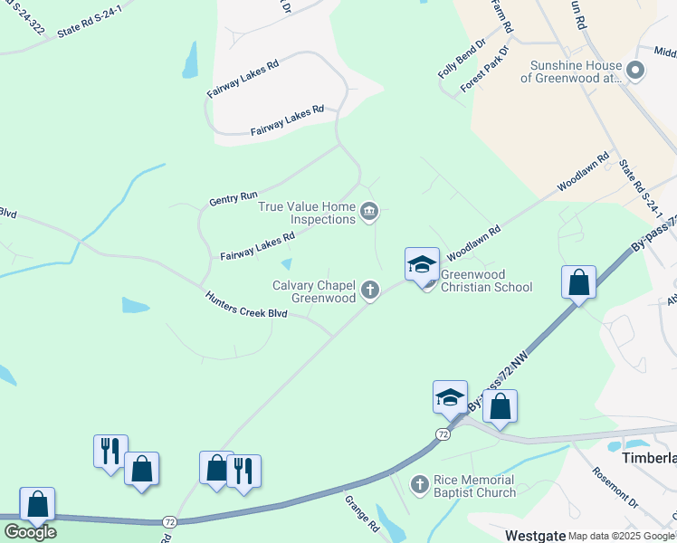 map of restaurants, bars, coffee shops, grocery stores, and more near 116 Sand Trap Lane in Greenwood