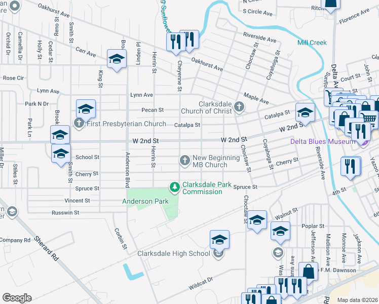 map of restaurants, bars, coffee shops, grocery stores, and more near 523 School St in Clarksdale