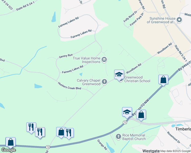 map of restaurants, bars, coffee shops, grocery stores, and more near 116 Sand Trap Lane in Greenwood