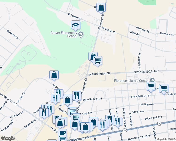 map of restaurants, bars, coffee shops, grocery stores, and more near 350 North Cashua Drive in Florence