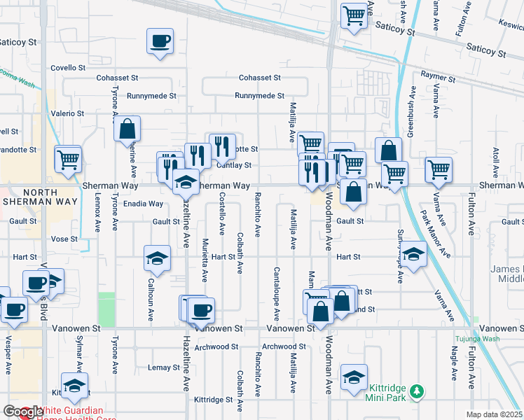 map of restaurants, bars, coffee shops, grocery stores, and more near 7120 Ranchito Avenue in Los Angeles