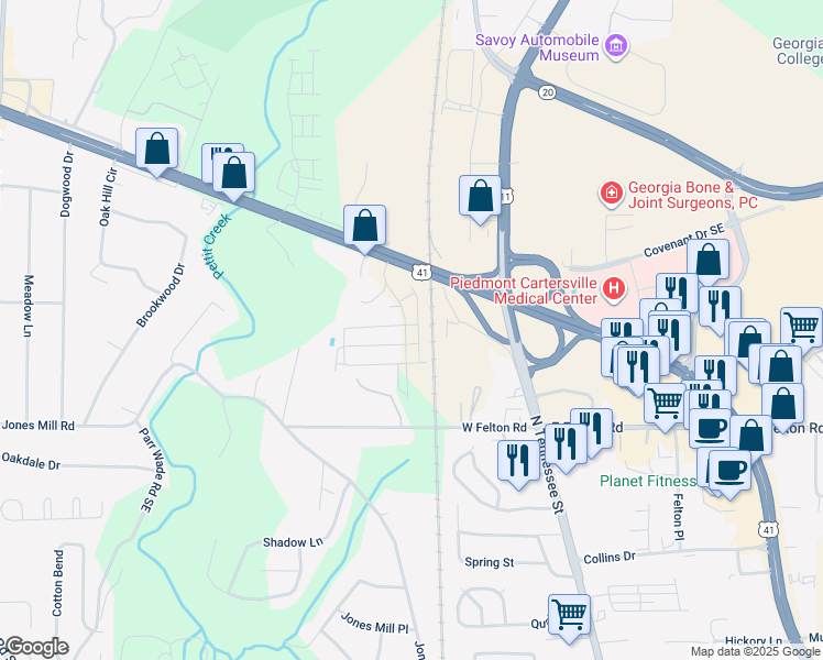 map of restaurants, bars, coffee shops, grocery stores, and more near 202 Fenchurch Way in Euharlee