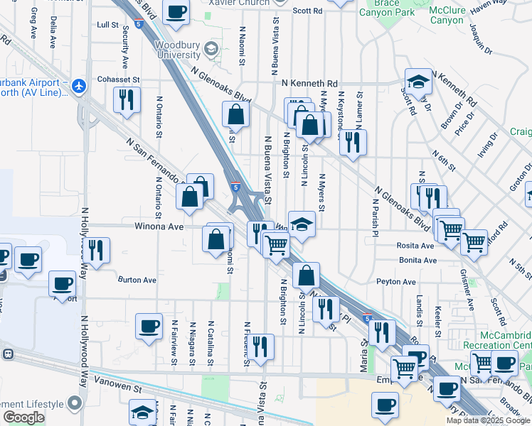 map of restaurants, bars, coffee shops, grocery stores, and more near 2851 North Buena Vista Street in Burbank
