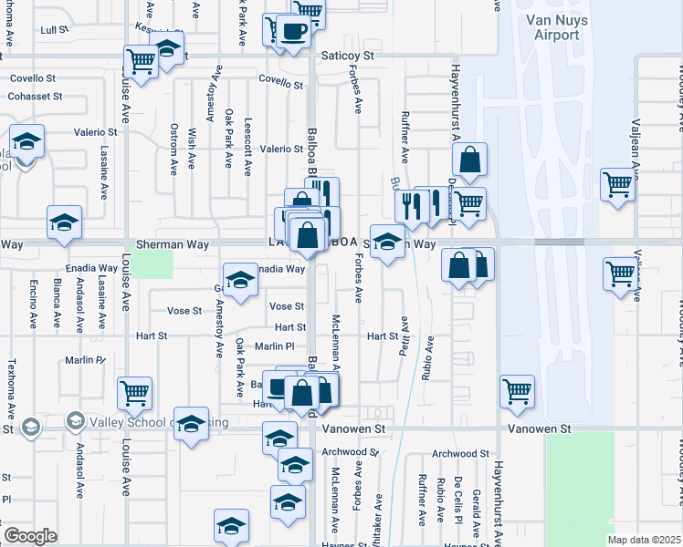 map of restaurants, bars, coffee shops, grocery stores, and more near 7118 McLennan Avenue in Los Angeles