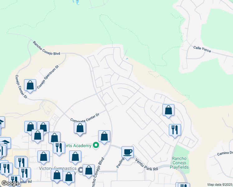 map of restaurants, bars, coffee shops, grocery stores, and more near 1385 Sapphire Dragon Street in Thousand Oaks