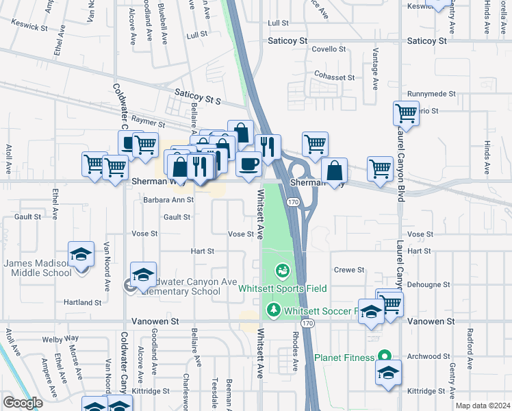 map of restaurants, bars, coffee shops, grocery stores, and more near 7117 Whitsett Avenue in Los Angeles