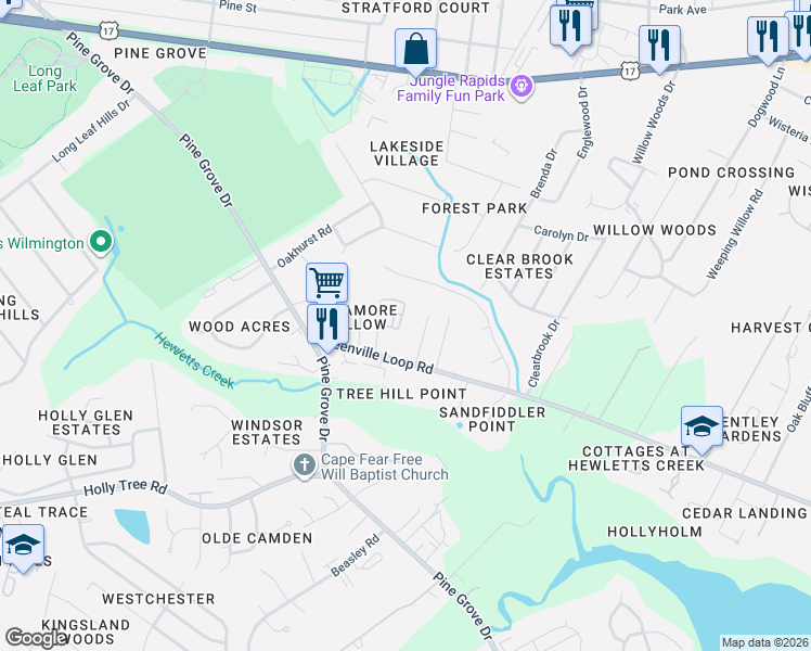map of restaurants, bars, coffee shops, grocery stores, and more near 5224 Calais Circle in Wilmington