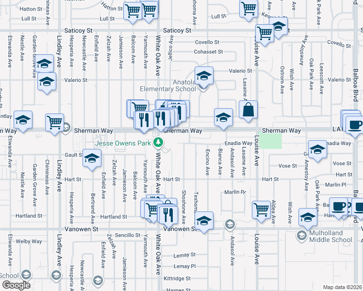 map of restaurants, bars, coffee shops, grocery stores, and more near 7123 Shoshone Avenue in Los Angeles