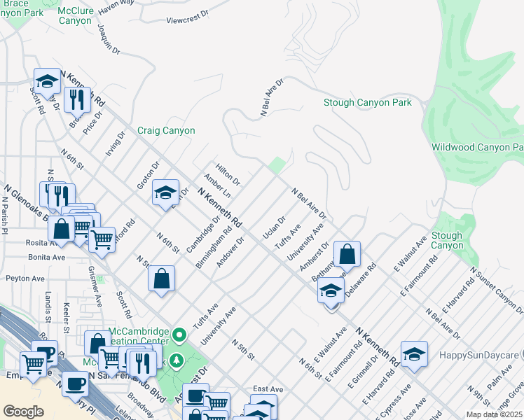 map of restaurants, bars, coffee shops, grocery stores, and more near 843 Andover Drive in Burbank