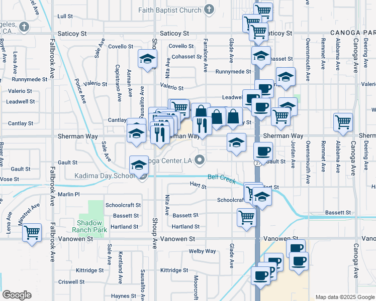 map of restaurants, bars, coffee shops, grocery stores, and more near 7131 Farralone Avenue in Los Angeles