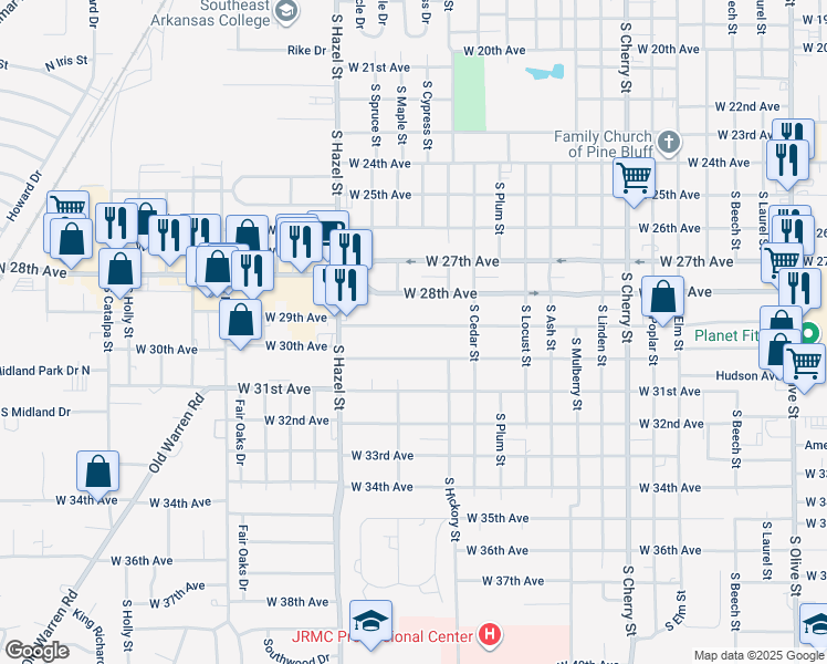 map of restaurants, bars, coffee shops, grocery stores, and more near 1902 West 29th Avenue in Pine Bluff