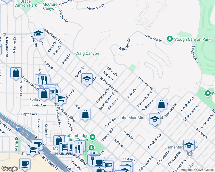 map of restaurants, bars, coffee shops, grocery stores, and more near 1807 North Kenneth Road in Burbank