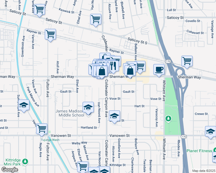 map of restaurants, bars, coffee shops, grocery stores, and more near 7127 Alcove Avenue in Los Angeles
