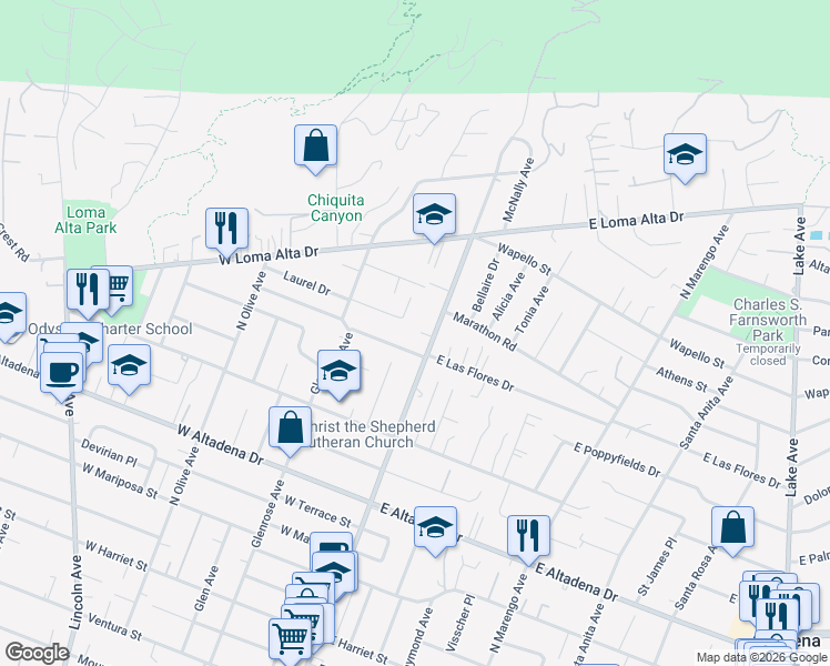 map of restaurants, bars, coffee shops, grocery stores, and more near 36 Silver Spruce Lane in Altadena