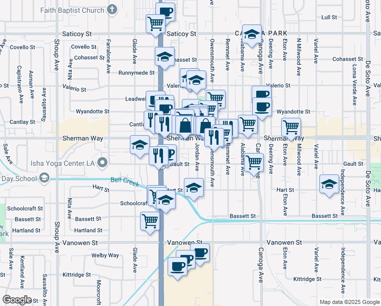 map of restaurants, bars, coffee shops, grocery stores, and more near 7123 North Jordan Avenue in Los Angeles
