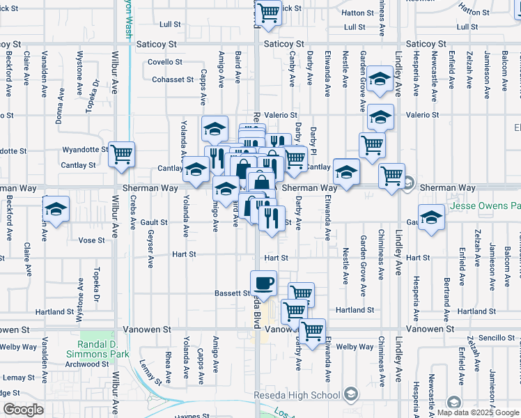 map of restaurants, bars, coffee shops, grocery stores, and more near 7122 Reseda Boulevard in Los Angeles