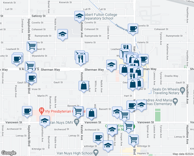 map of restaurants, bars, coffee shops, grocery stores, and more near 7124 Willis Avenue in Los Angeles
