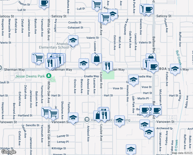 map of restaurants, bars, coffee shops, grocery stores, and more near 7124 Lasaine Avenue in Los Angeles