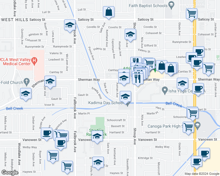 map of restaurants, bars, coffee shops, grocery stores, and more near 7135 Capistrano Avenue in Los Angeles