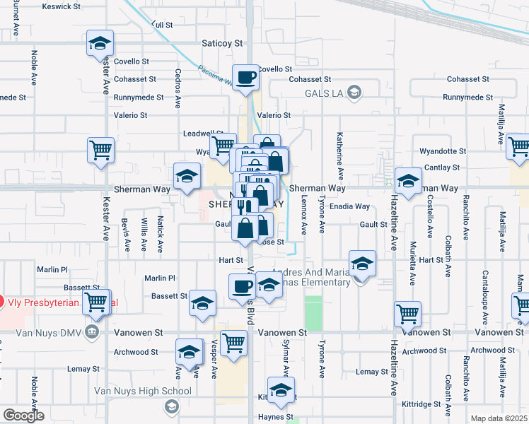 map of restaurants, bars, coffee shops, grocery stores, and more near 7128 Van Nuys Boulevard in Los Angeles