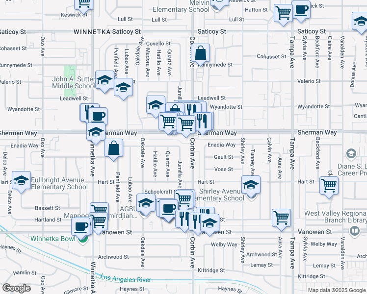 map of restaurants, bars, coffee shops, grocery stores, and more near 7128 Jumilla Avenue in Los Angeles