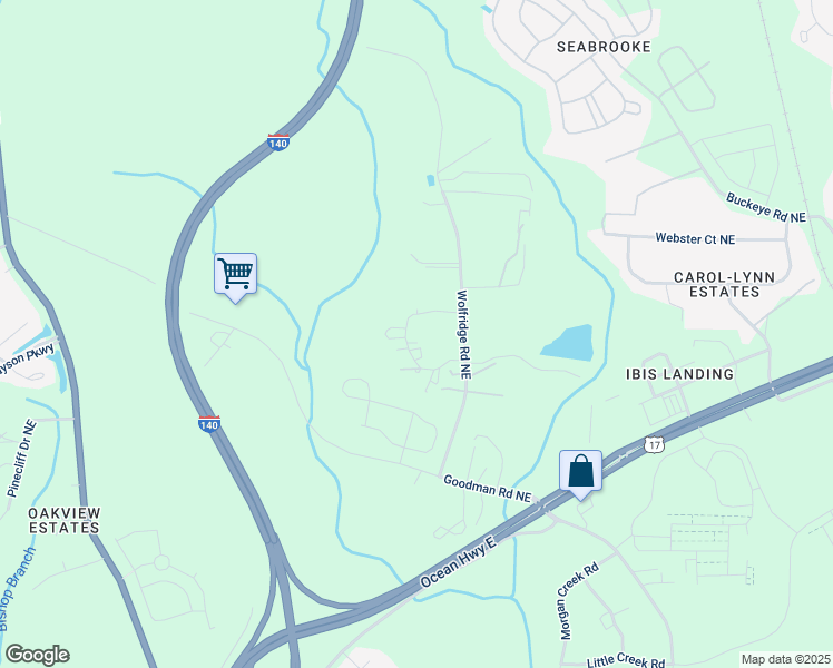 map of restaurants, bars, coffee shops, grocery stores, and more near 7759 James Way Northeast in Leland