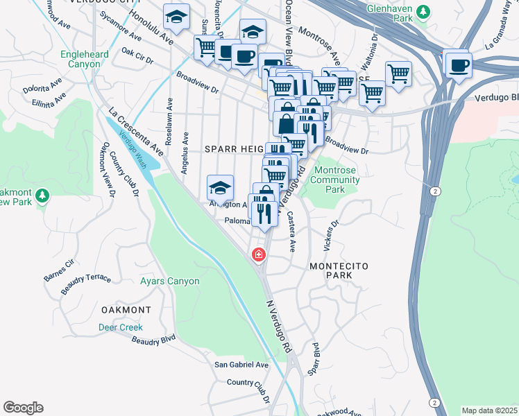 map of restaurants, bars, coffee shops, grocery stores, and more near 1700 Arlington Avenue in Glendale